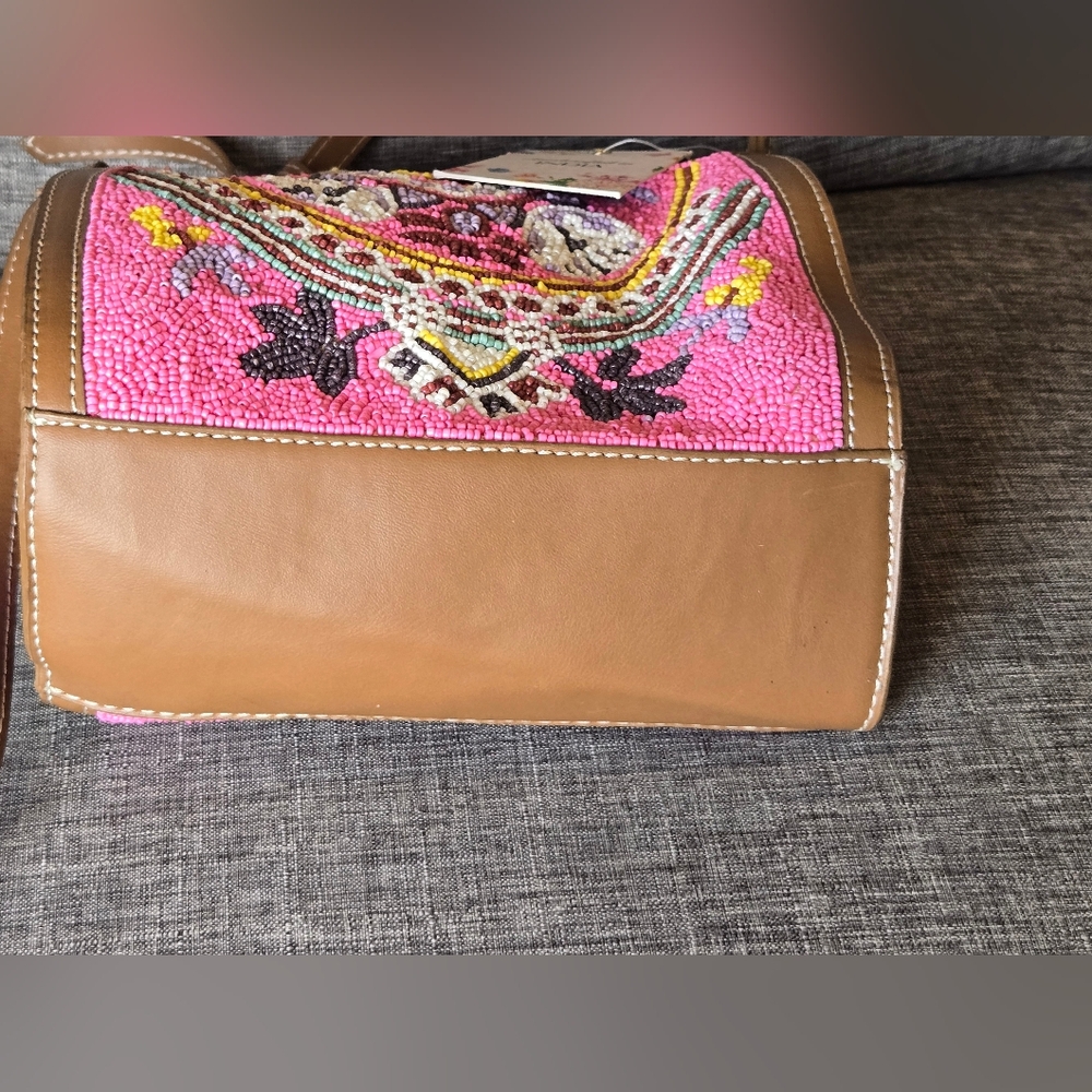 Viral Handmade Pink Beaded Tote Bag Crossbody Purse With Leather Straps NWT - Picture 8 of 11